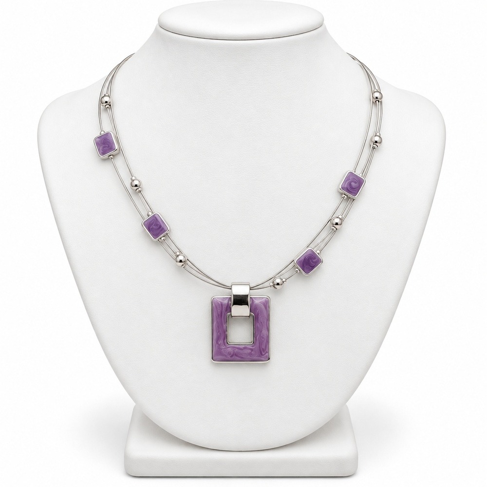 Vintage New York & Co Purple Enamel Silver Tone Multi Strand Illusion Necklace